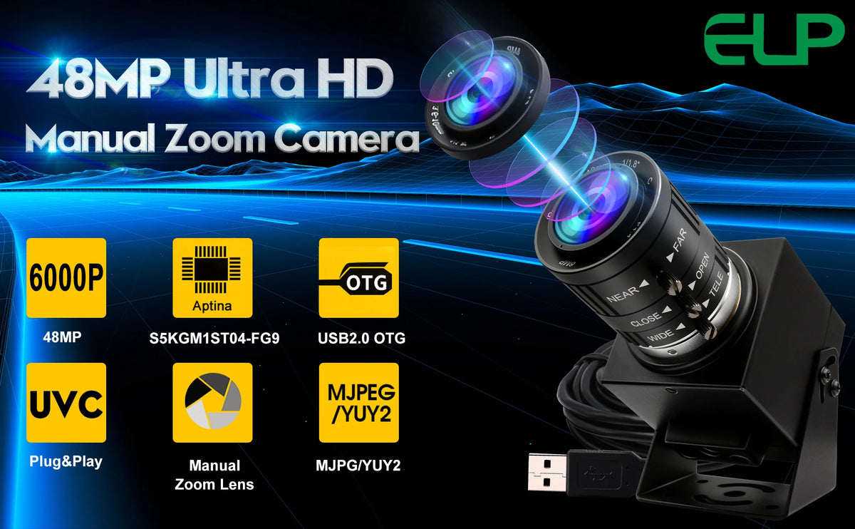 ELP 48MP USB Camera IMX586 8K CMOS UVC Mini USB Webcam Industrial Video Camera with 3.6-10mm Varifocal Zoom Lens