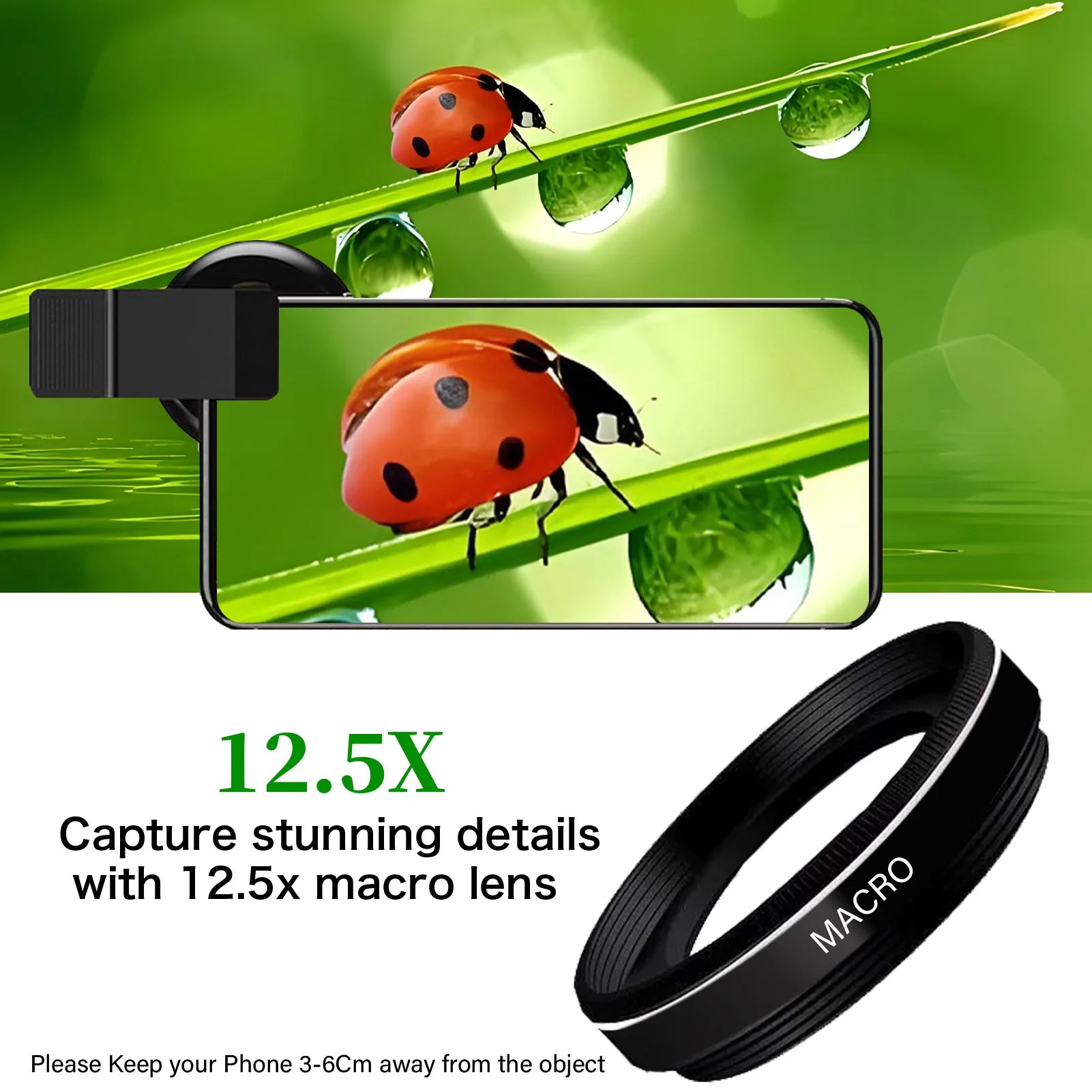 2 Functions Mobile Phone Lens 0.45X Wide Angle Len & 12.5X Macro HD Camera Lens Universal for iPhone Android Phone
