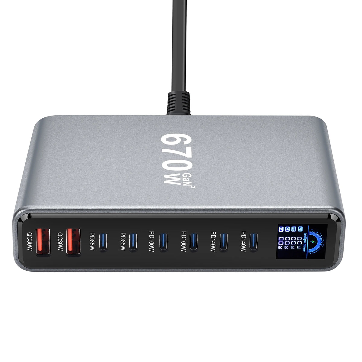 670W GaN Fast Charging Desktop Charger with Display 140W USB-C Port 8-Port Station for Phones And Tablets