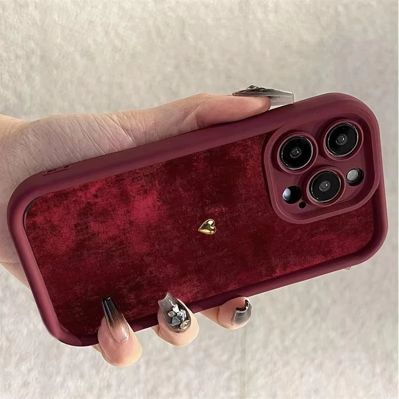 Burgundy Suede With Golden Heart Pattern TPU Case For Samsung Galaxy S25 S24 S23 S22 S21 S20 FE Plus Ultra A15 A35 A54 A55 Cover