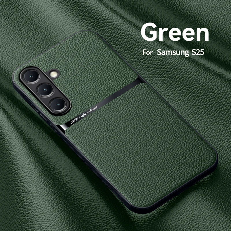 Back Leather Case Cover for Samsung Galaxy S25 S24 S23 Ultra Plus S25FE S24FE Car Holder Magnetic Leather Case Cellphone Coques
