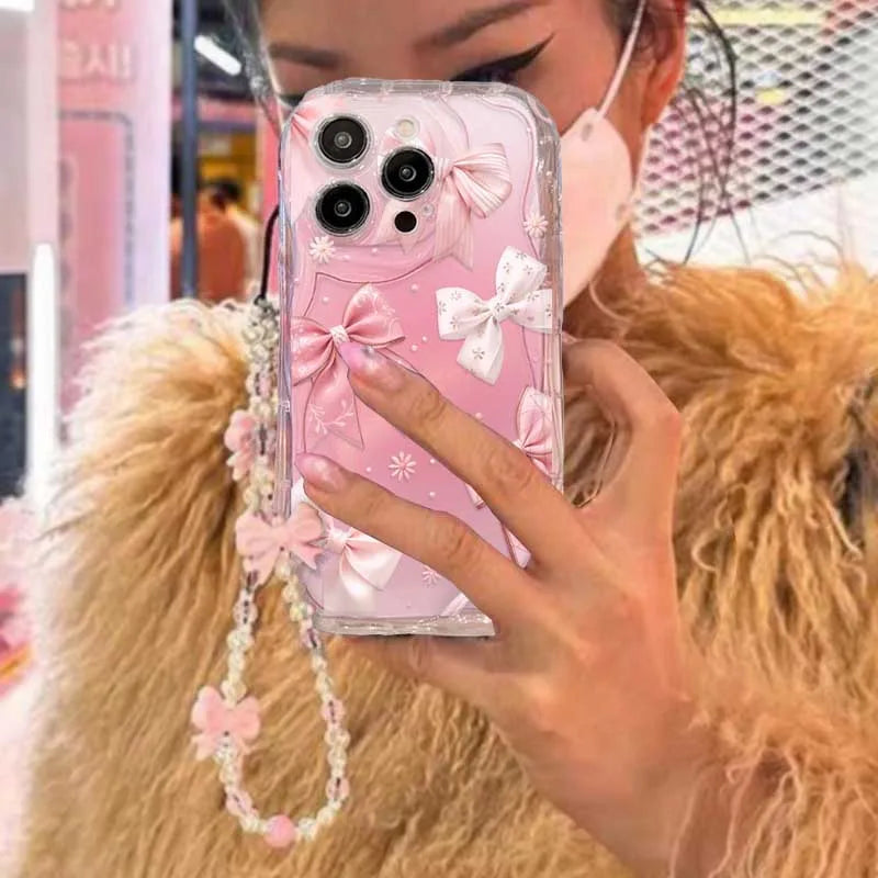 Pink Bow Pattern Chain Case For Samsung Galaxy S25 Ultra S22 S21 S20 Plus S21FE S20FE S25FE A31 Soft Silicone Cover
