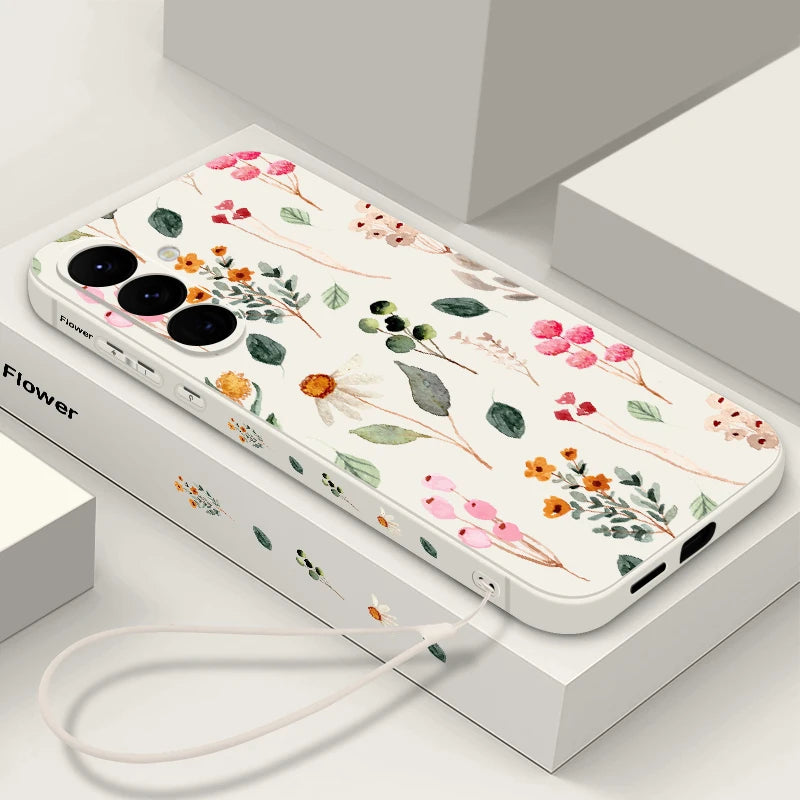 Luxury Flower Print Lanyard Case For Samsung Galaxy A55 A54 A56 5G A35 S26 A15 A14 A34 A52 A17 S21 FE S22 S23 S25 S24 Ultra Capa