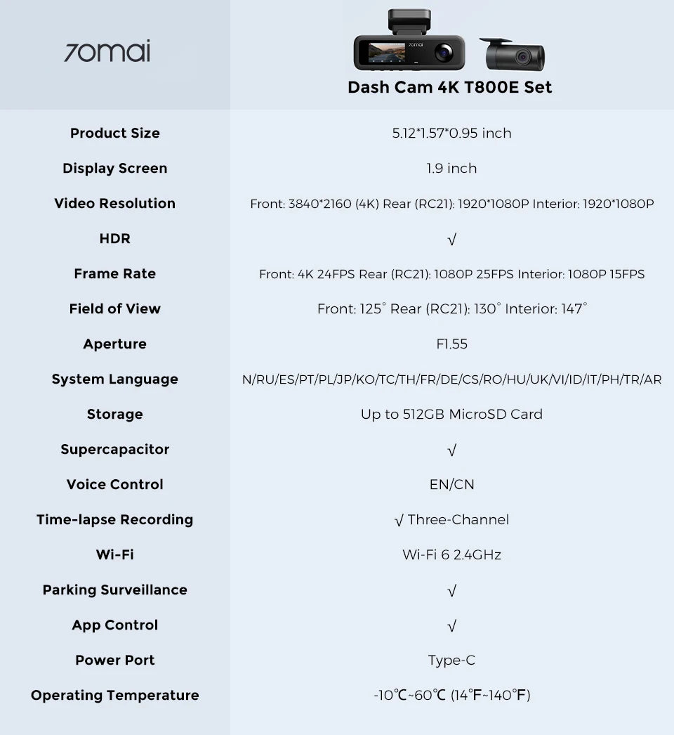 70mai T800E 3-Channel Dash Cam, 4K HDR f/1.55 Built-in GPS Voice Control, Supercapacitor 24H Parking Mode 3-in-1 Car Camera