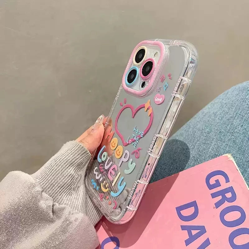 Cute Happy Lovely Heart Colorful Mirror Phone Case For iPhone 11 12 13 14 15 16 17 Pro Max 7 8 Plus X XS XR SE2 Shockproof Cover