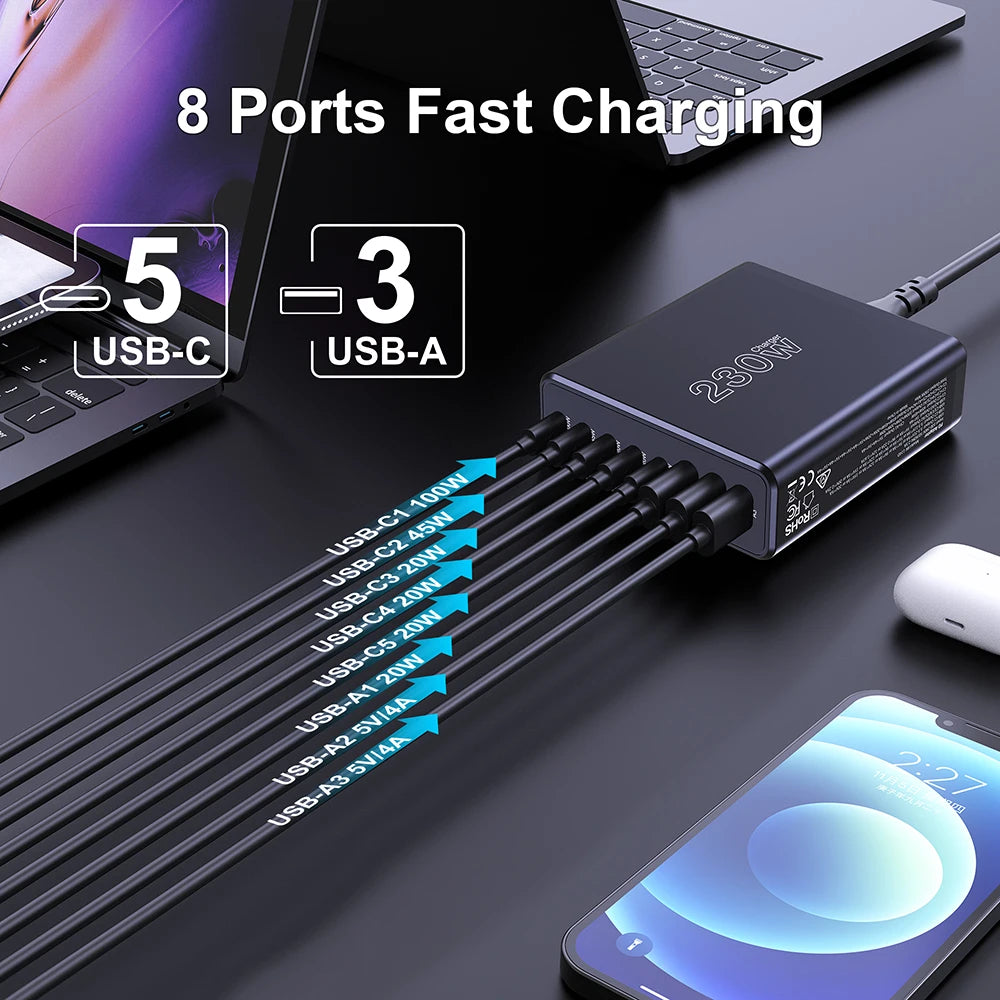 Ueetop 230W GaN USB C Charger Desktop Charging Station Multiple Port PPS PD 100W 65W 45W Fast Charge For Macbook iPhone Samsung