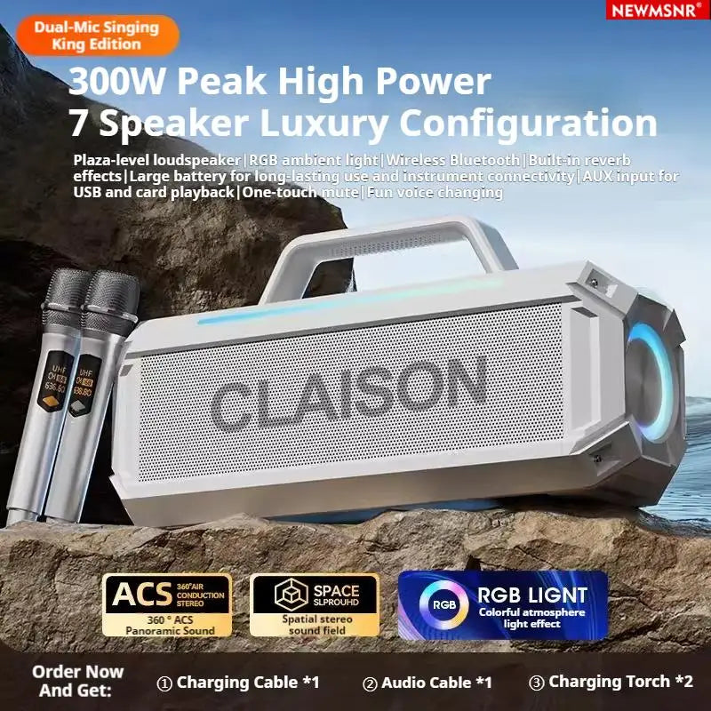 300W High-Power Bluetooth Speaker, Dual Wireless Microphones, Portable Subwoofer, Karaoke Singing, Memory USB Music MP3 Player