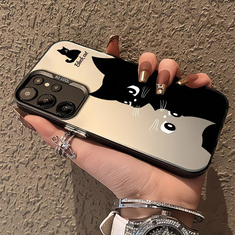 Cute Black Cat Print Color Silver Gradient Phone Case For Samsung Galaxy A73 A72 A71 A56 A555 A54 A53 A52 A51 A50 PC+TPU Cover