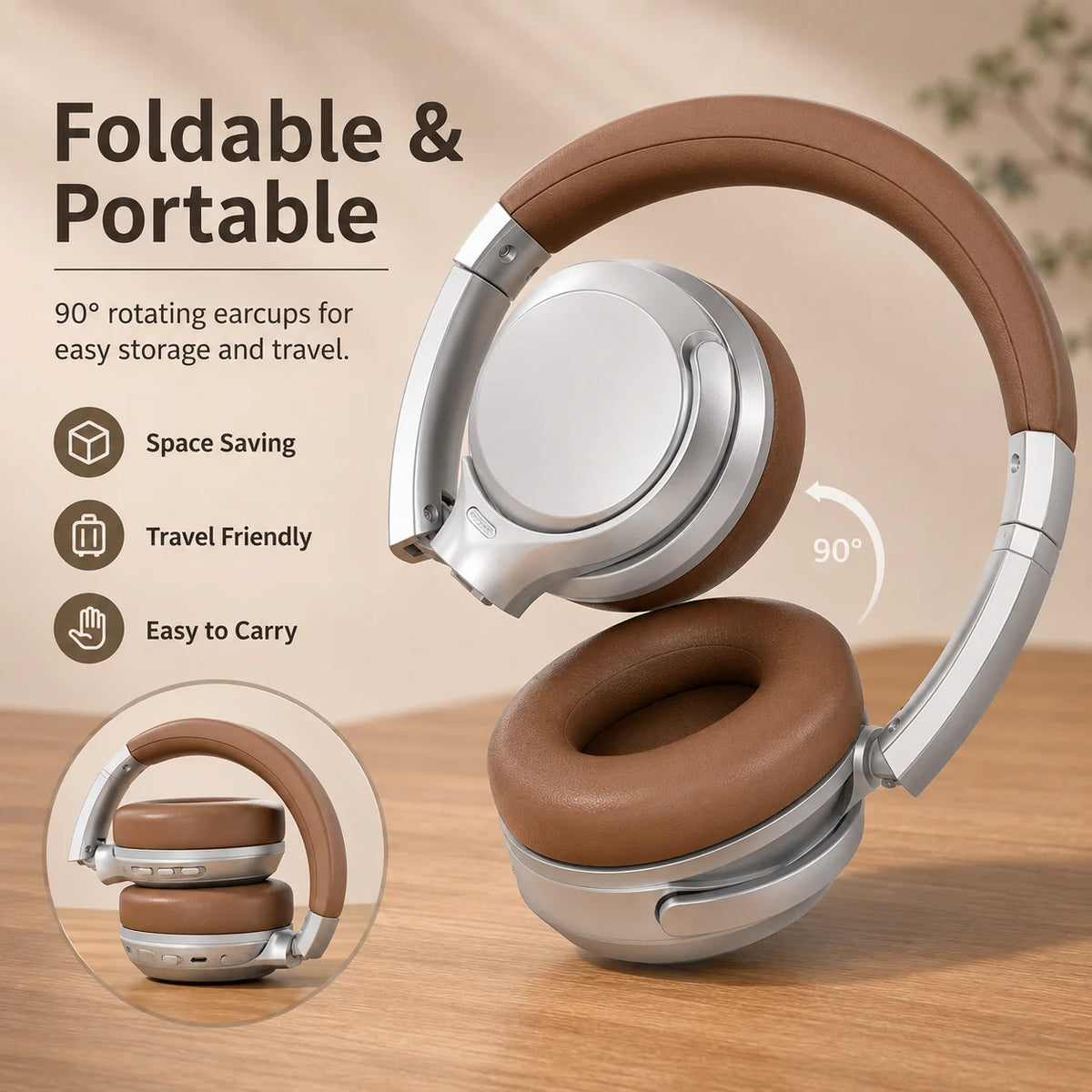 ANC Headphones Bluetooth 5.3 Over Ear Earphones Wireless Hi-Fi Stereo Headset with Mic 35H Playtime Type-C AUX Foldable Design
