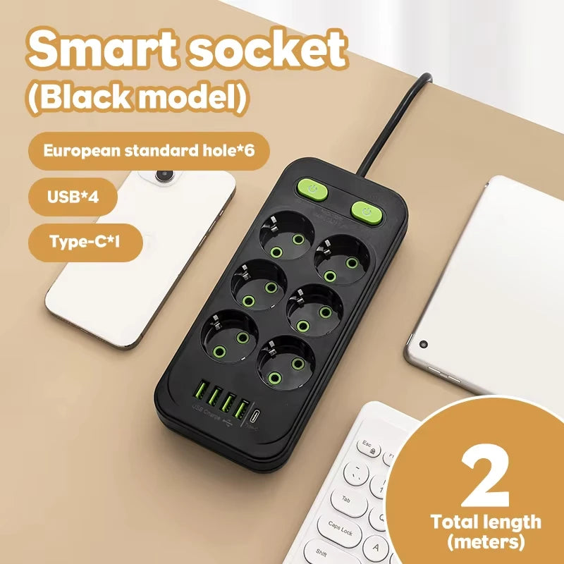 EU Plug AC Outlet Multitap Power Strip 2m Extension Cord Electrical Socket Smart USB Home Office Surge Protector Network Filter