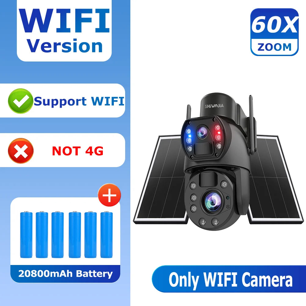 SHIWOJIA 4G Solar Security Camera Outdoor 60X Zoom Dual Screen 10MP WiFi PIR Detection AI Auto Tracking Camera UBOX