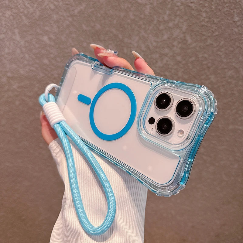 3IN1 Candy Color Clear Shockproof Phone Case for IPhone 17Air 16E 15 14 Plus 13 12 Pro Max Lanyard Magnetic Charge Protect Cover