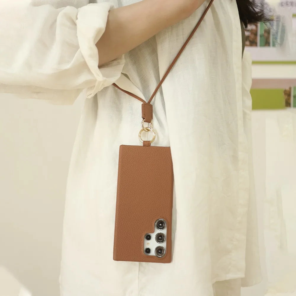 Luxury Cowhide Genuine Leather Case For Samsung Galaxy S26 Ultra S23 S22 S21 S26FE  Strap Crossbody Lanyard Phone Cover Coque