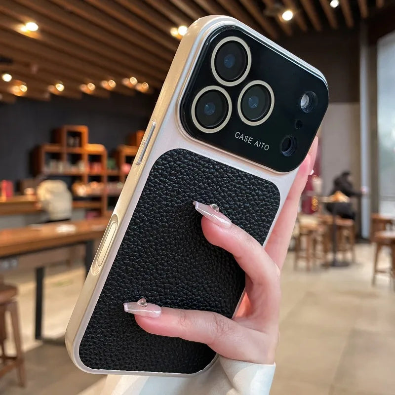 Luxury Litchi Leather Case for iPhone 17 16 15 14 Pro Max iPhone 13 Glass Large Window Shockproof Armor Bumper Plating Cover