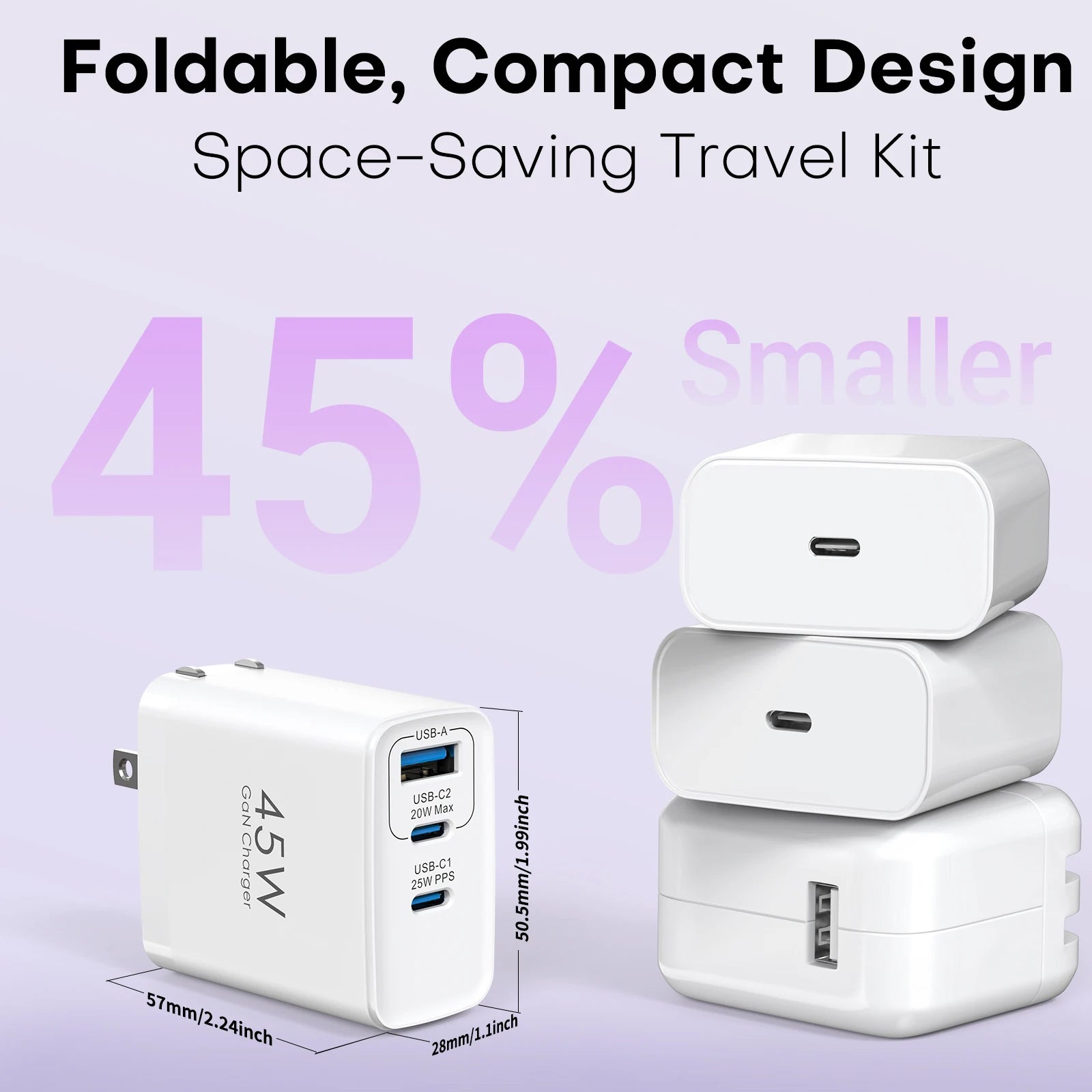 2-Packs 3in1 45W USB Charger Fast Charge QC 3.0 Wall Charging For iPhone Samsung Xiaomi Mobile EU US AU  Plug Adapter Travel