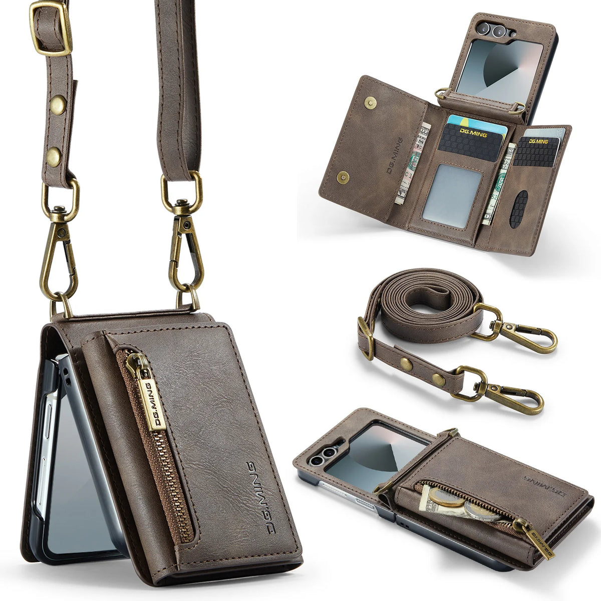 2 in 1 Luxury Leather Flip Phone Case For Samsung Galaxy Z Flip 8 7 6 5 4 3  Magnetic Wallet Card Solt Zipper Lanyard Cover ﻿