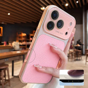 Luxury Litchi Leather Case for iPhone 17 16 15 14 Pro Max iPhone 13 Glass Large Window Shockproof Armor Bumper Plating Cover