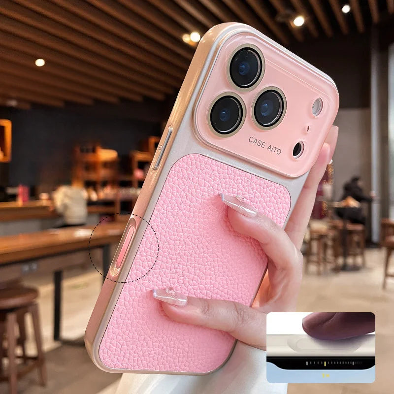 Luxury Litchi Leather Case for iPhone 17 16 15 14 Pro Max iPhone 13 Glass Large Window Shockproof Armor Bumper Plating Cover