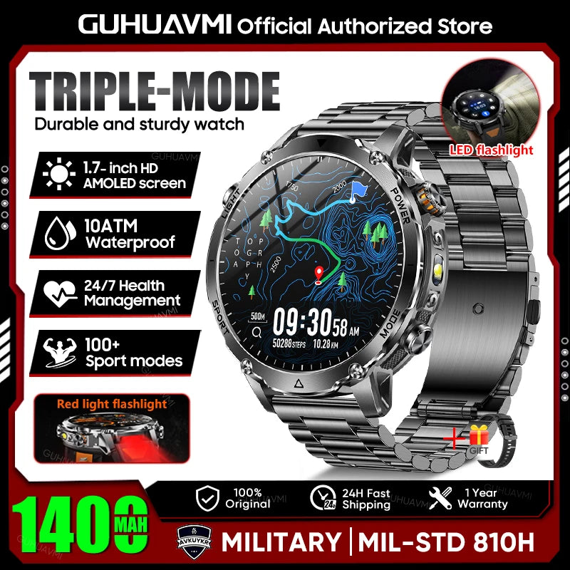 2026 New TANK Ultra 1400mAh Battery Military Smart Watch 10ATM Waterproof Heart Rate Tactical LED Flashlight Men Sports Bracelet