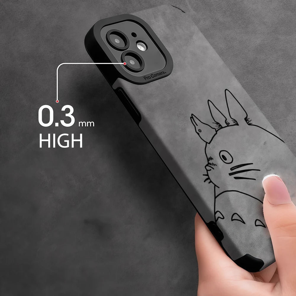 Luxury Leather Lambskin Shockproof Phone Case for IPhone 17 16 Pro Max Air 15 14 13 Max Totoro Line Sketch