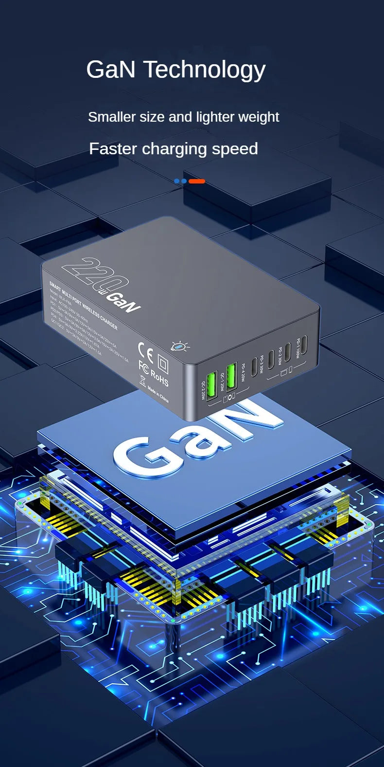 220W GaN Desktop Charger 6-Ports PD 100W USB Type C QC 3.0 Fast Charging Station for IPhone 16 Pro Tablet Macbook Samsung Laptop