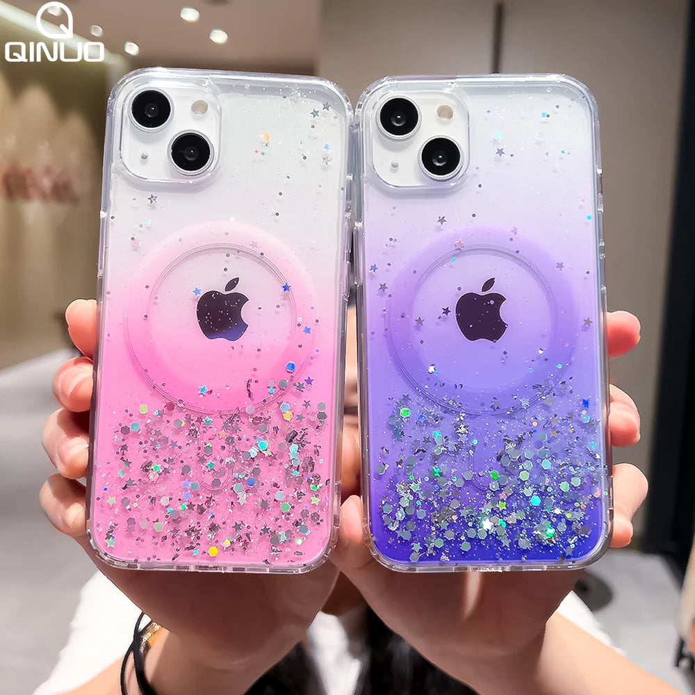 Gradient Glitter Sequins Phone Case For iPhone 17Air 17 16 15 14 13 12 11 Pro Mini XR XS Max 8 7 Plus Magnetic For Magsafe Cover