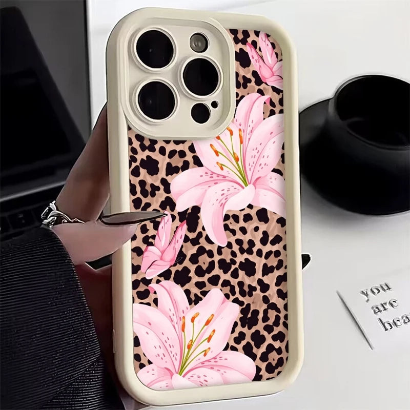 Pink Lily Flower Leopard Print Phone Case For iPhone 17 16 Pro Max 11 13 12 14 15 8 7 Plus XS XR X 16E 17E Shockproof TPU Cover