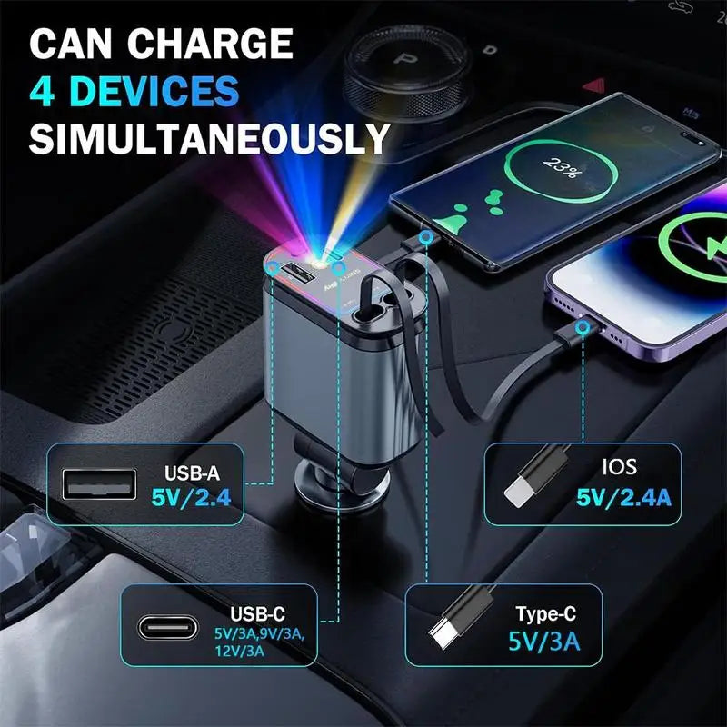 4 in 1 Car Charger with Starry Sky SpotlightRetractable Car Charger with Charging Cable & 2Charging Ports, Universal Car Charger