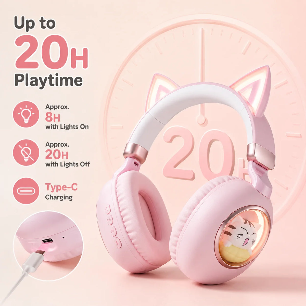 Kids Wireless Headphones Bluetooth 5.4 Cat Ear RGB Light Over-Ear Headset with 400mAh Battery, 20H Playtime, Low Latency