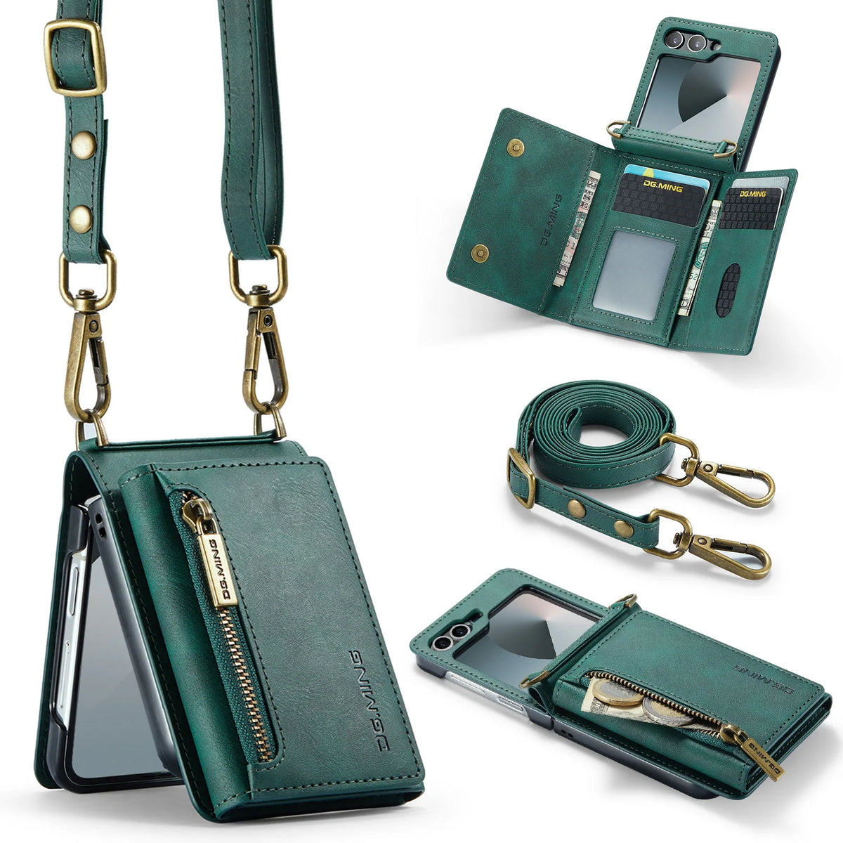 2 in 1 Luxury Leather Flip Phone Case For Samsung Galaxy Z Flip 8 7 6 5 4 3  Magnetic Wallet Card Solt Zipper Lanyard Cover ﻿