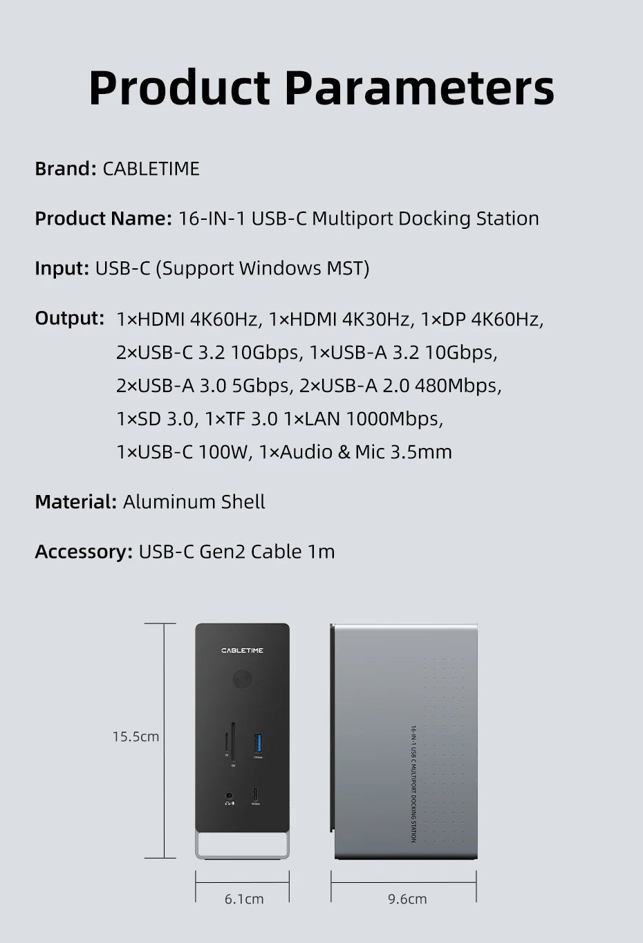 CABLETIME 16 IN 1 USB C Docking Station 4K HDMI-compatible M.2 SSD Enclosure Ethernet 100W PD Dock Hub SD/TF Working Station