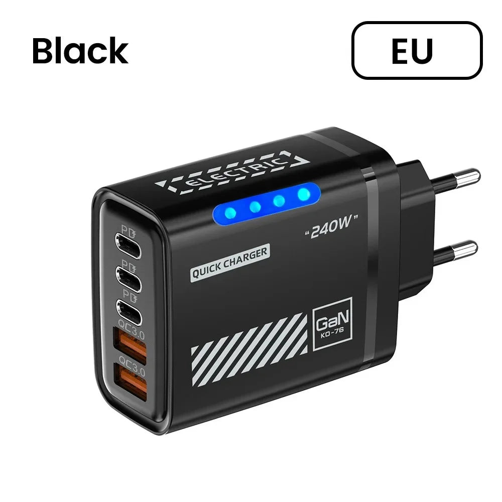 5 Port GaN USB C Charger 240W PD Fast Charging Adapter For iPhone 17 16 15 Pro Samsung Xiaomi Huawei Laptop Desktop PD Charger