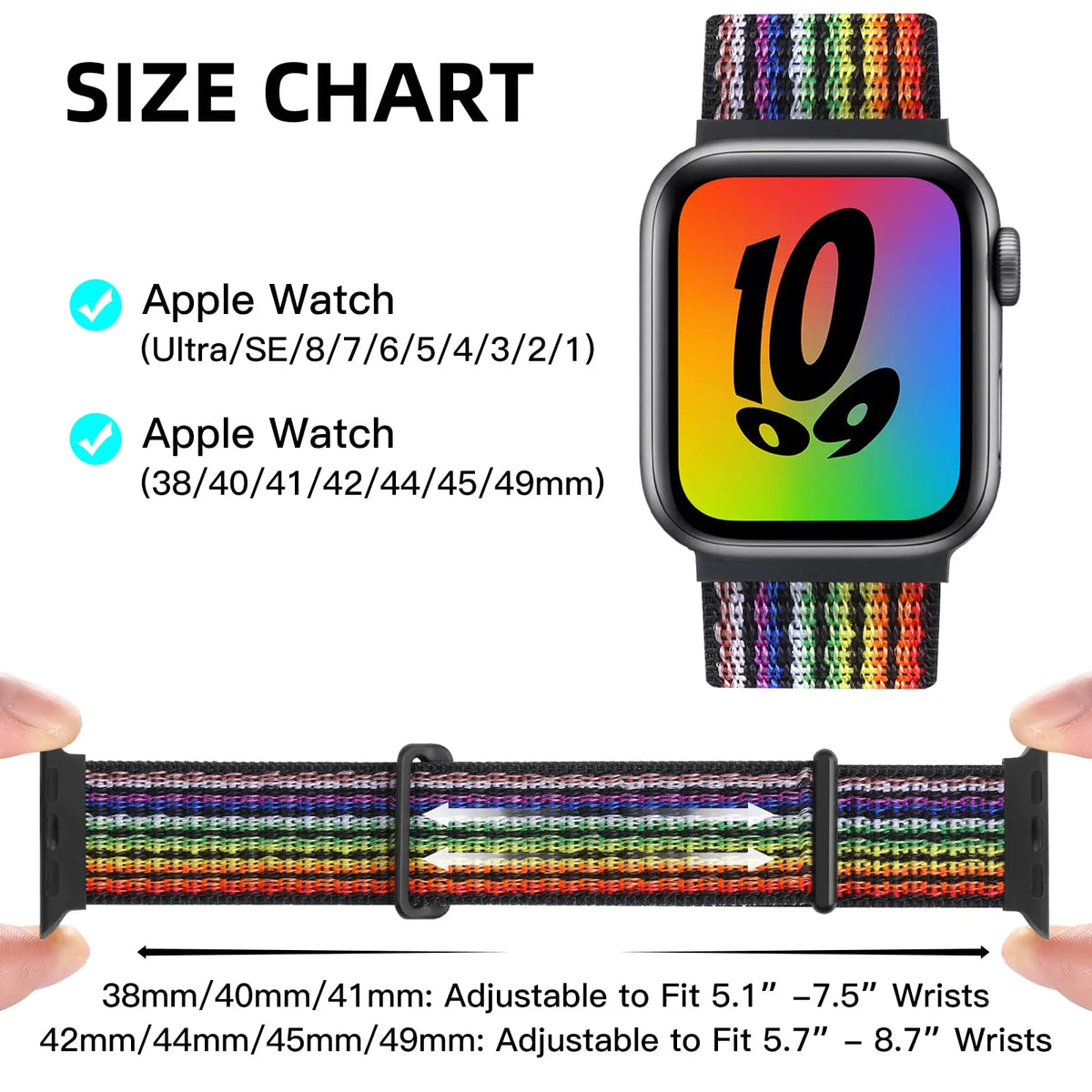 2 Packs Rainbow Sport Nylon Watch Band Compatible with Apple Watch 38mm 40mm 41mm 42mm 44mm 45mm 46mm 49mm for Pride Day