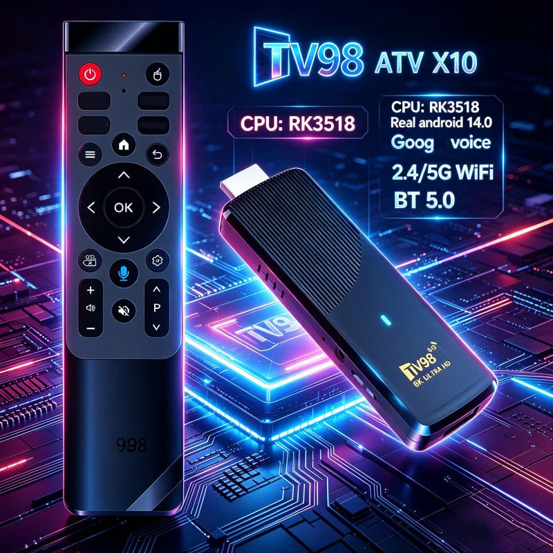 TV Stick Player New TV98 ATV X10 HD 8K 4K Android 14 Smart Media Player RK3518 Quad Core Chip Dual Wifi 5G 4G Voice Remote IPTV