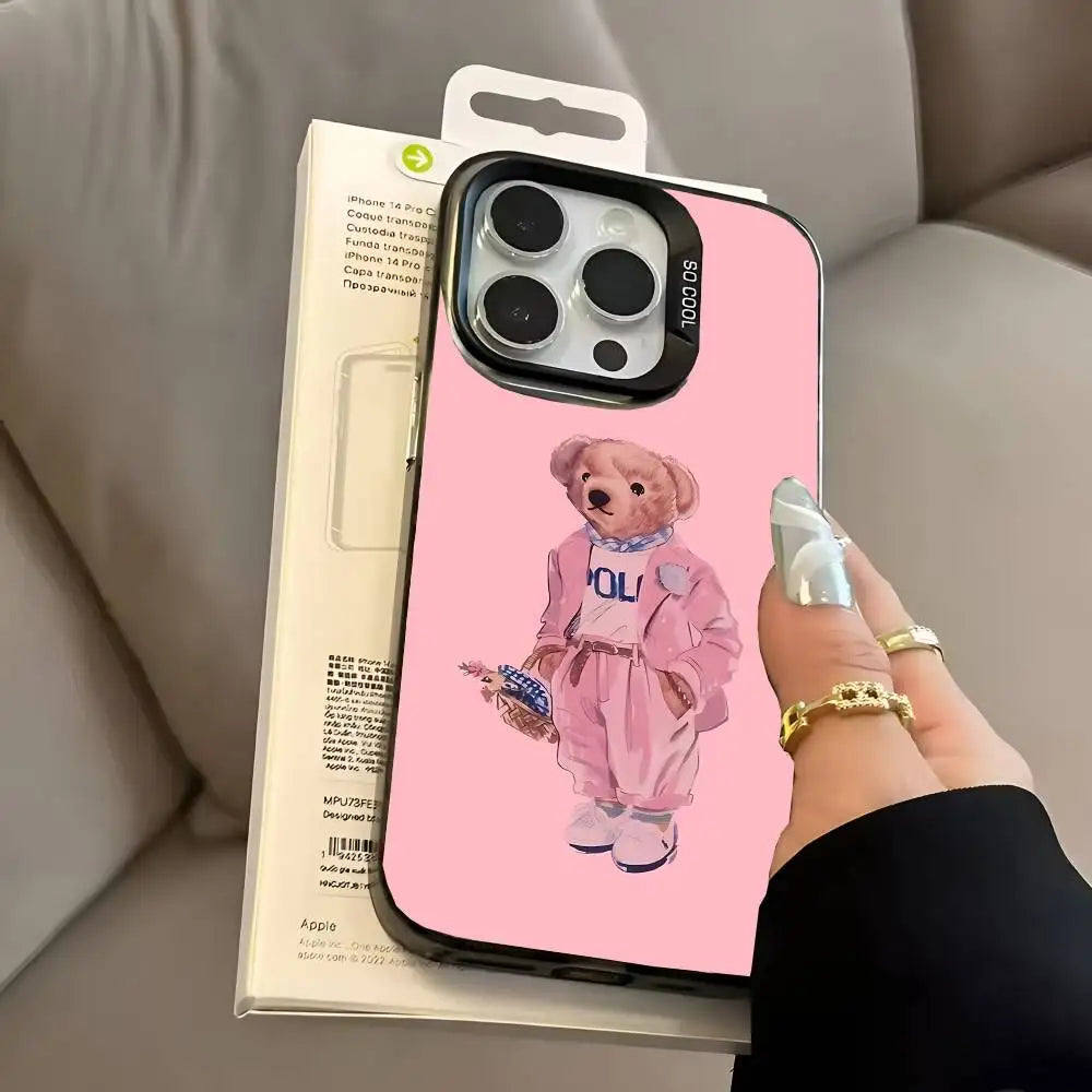 1PC Fashion Bear P-Polo Phone Case For IPhone 17 Air 16 15 14 13 12 11 Pro Max Plus Color Shockproof Back Silver Cove