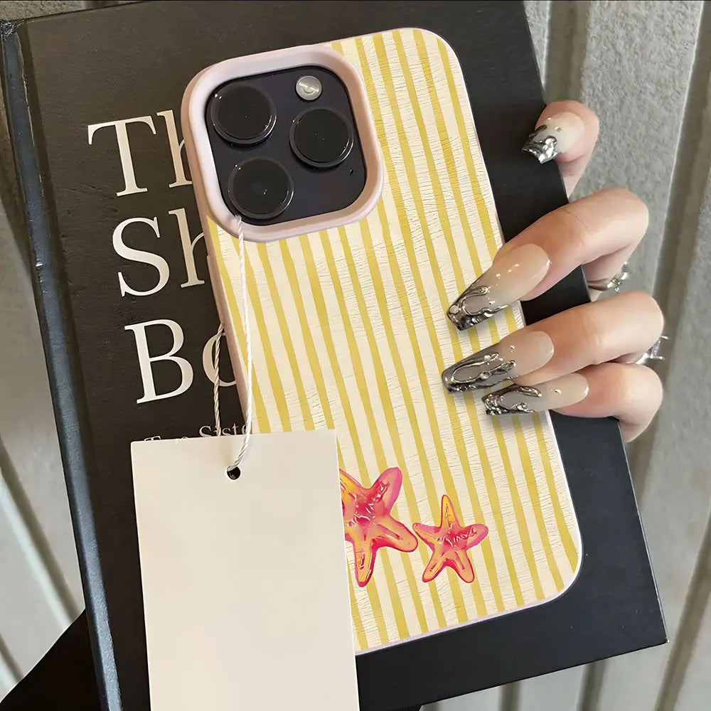 Cute Starfish Stripe Pattern Lychee Soft Phone Case For iPhone 11 12 13 14 15 Pro 16 17 Pro Max 15 14 Plus 17 Air X Xs XR Cover