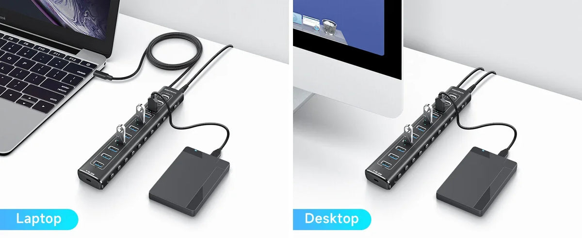 RSHTECH 60W USB 3.1 Hub 10Gbps for Laptop Macbook with 7 USB3.0 Port and 20W PD Aluminum USB Splitter Data Transfer Dock Station