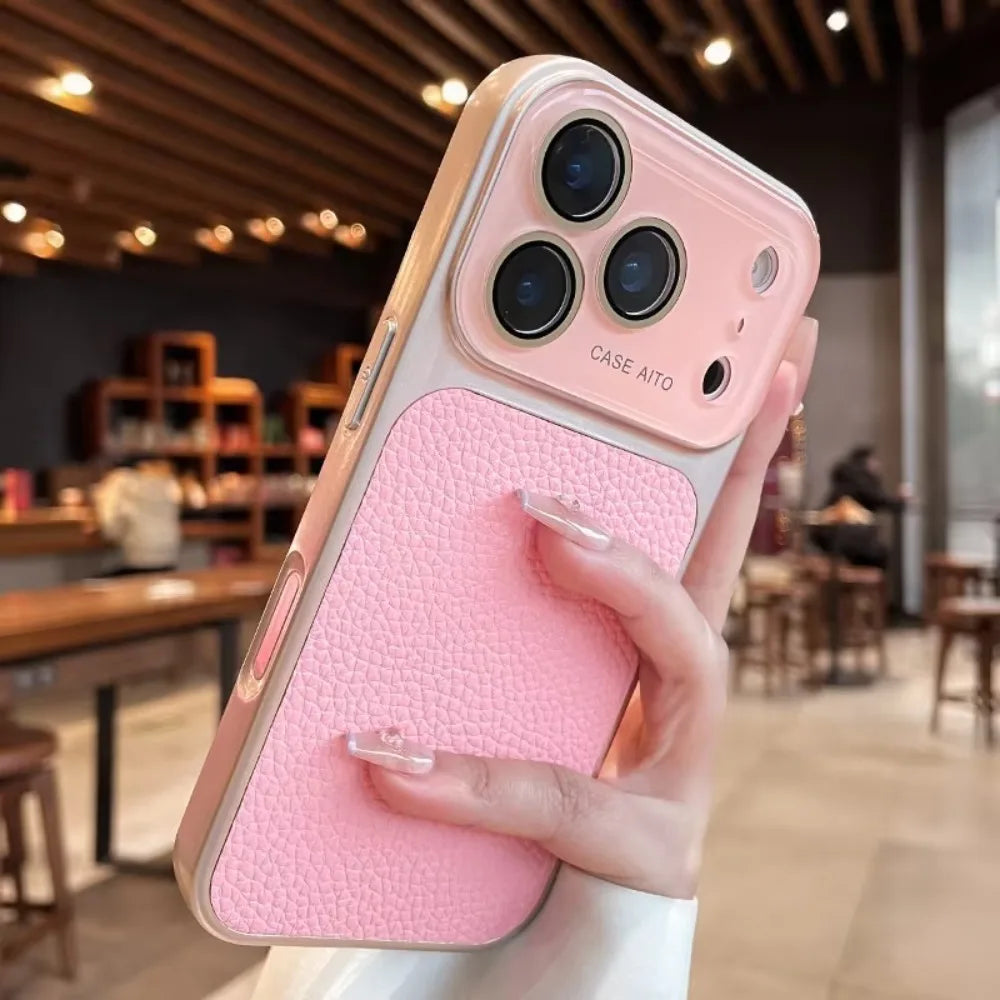 Litchi Pattern Phone Case Matte Textur Glass Large Window Phone Shockproof Case with Hanging Holes for iPhone17 ProMax/17 Pro