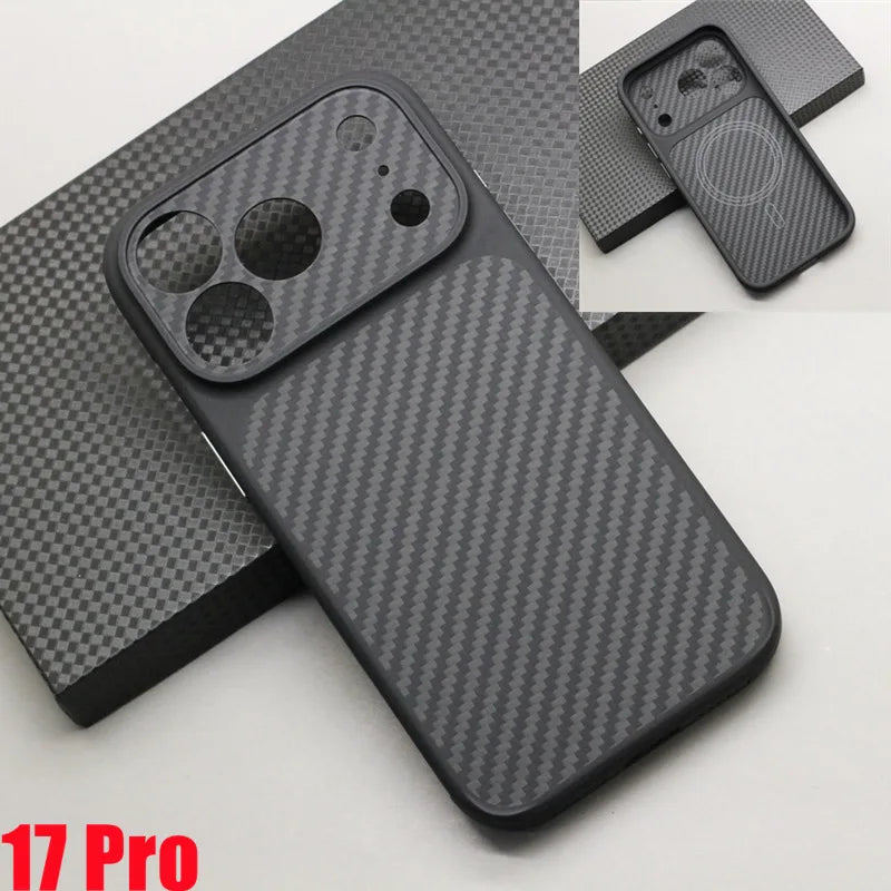 Carbon Fiber Magnetic Case TPU Soft Frame for iPhone 17 Pro Max / 17 Pro Kevlar Aramid Fiber Anti-fall Magnetic Case