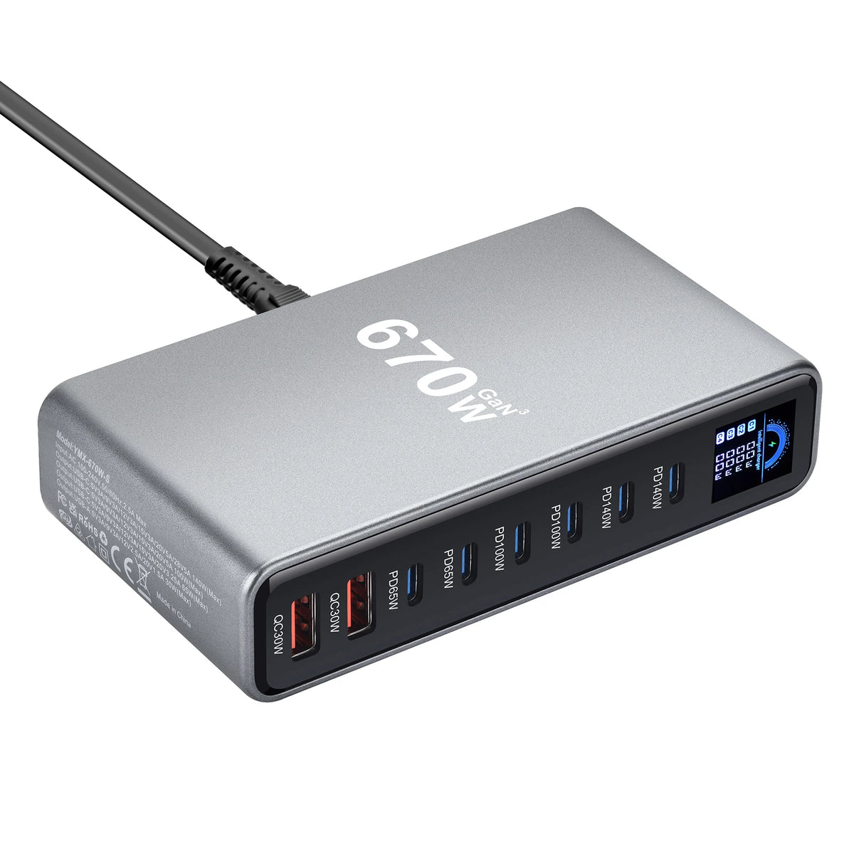 670W GaN Fast Charging Desktop Charger with Display 140W USB-C Port 8-Port Station for Phones And Tablets