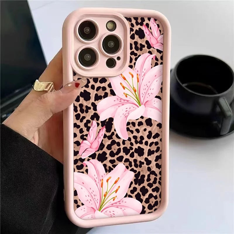 Pink Lily Flower Leopard Print Phone Case For iPhone 17 16 Pro Max 11 13 12 14 15 8 7 Plus XS XR X 16E 17E Shockproof TPU Cover