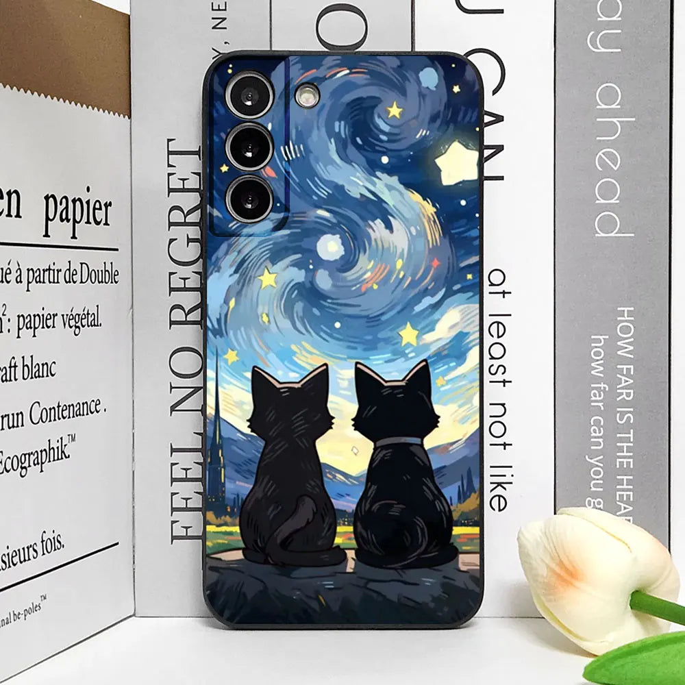 Artistic Black Cat Starry Night Soft TPU Phone Case For Samsung Galaxy S23 S24 S25 Ultra S22 S21 S20 Plus FE A15 A54 A55 Cover