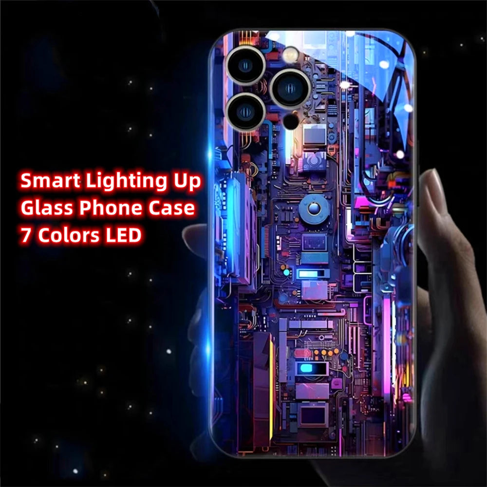Cool PCB Structure Smart LED Light Glow Tempered Glass Phone Case For iPhone Air 17 E 16 E 15 14 13 12 11 Pro Max XS XR Plus