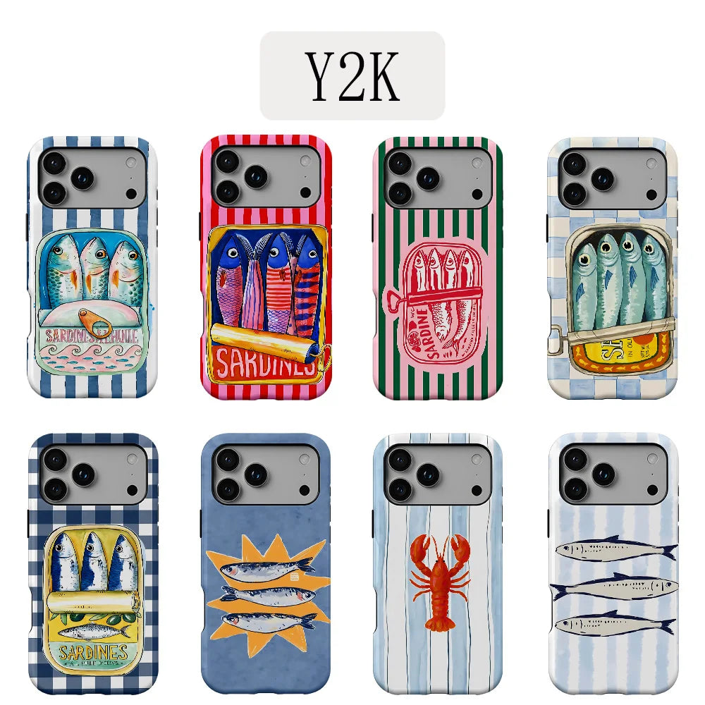 Striped Canned Fish Phone Case for iPhone 17 16e 16 15 14 13 12 11 X XS XR XSMAX 7 8 Air Pro Max Plus Luxury Double-layer