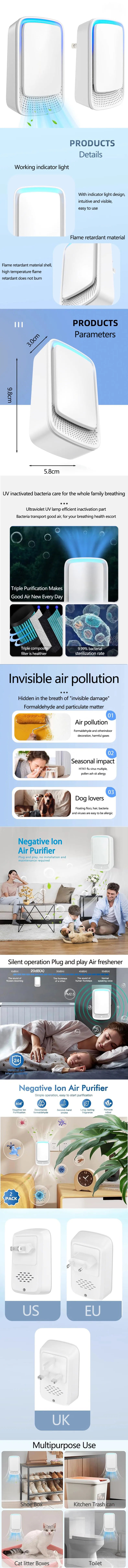 Portable Mini Air Purifier Freshener Deodorizer Negative Ionizer Home Office Air Cleaner for Pets Smokers Toilet - Single Piece