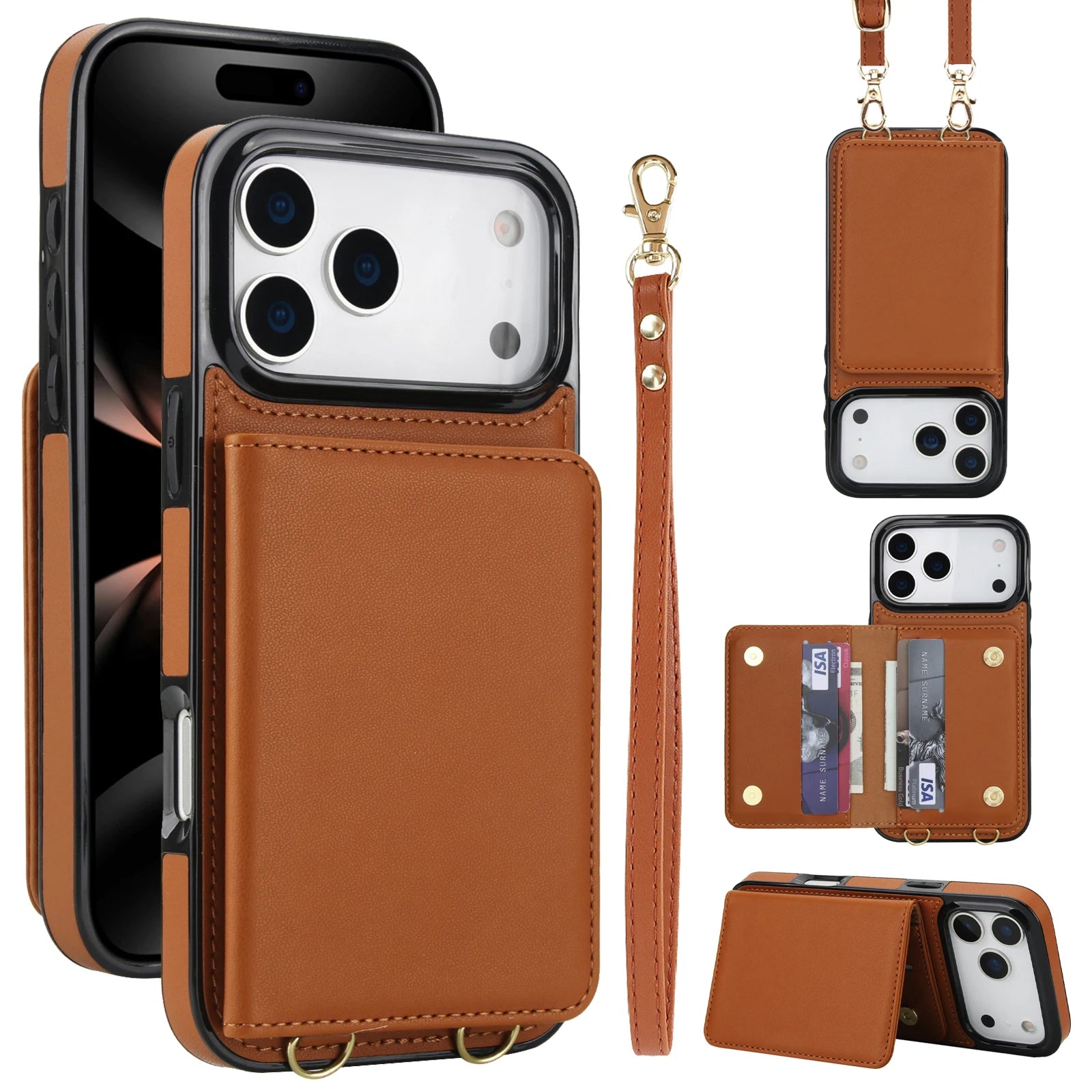 Crossbody Card Holder Wallet Leather Case For iPhone 17 Pro Max 16 Plus 15 Plus 14 13 12 11 Strap Pocket kickstand RFID Cover