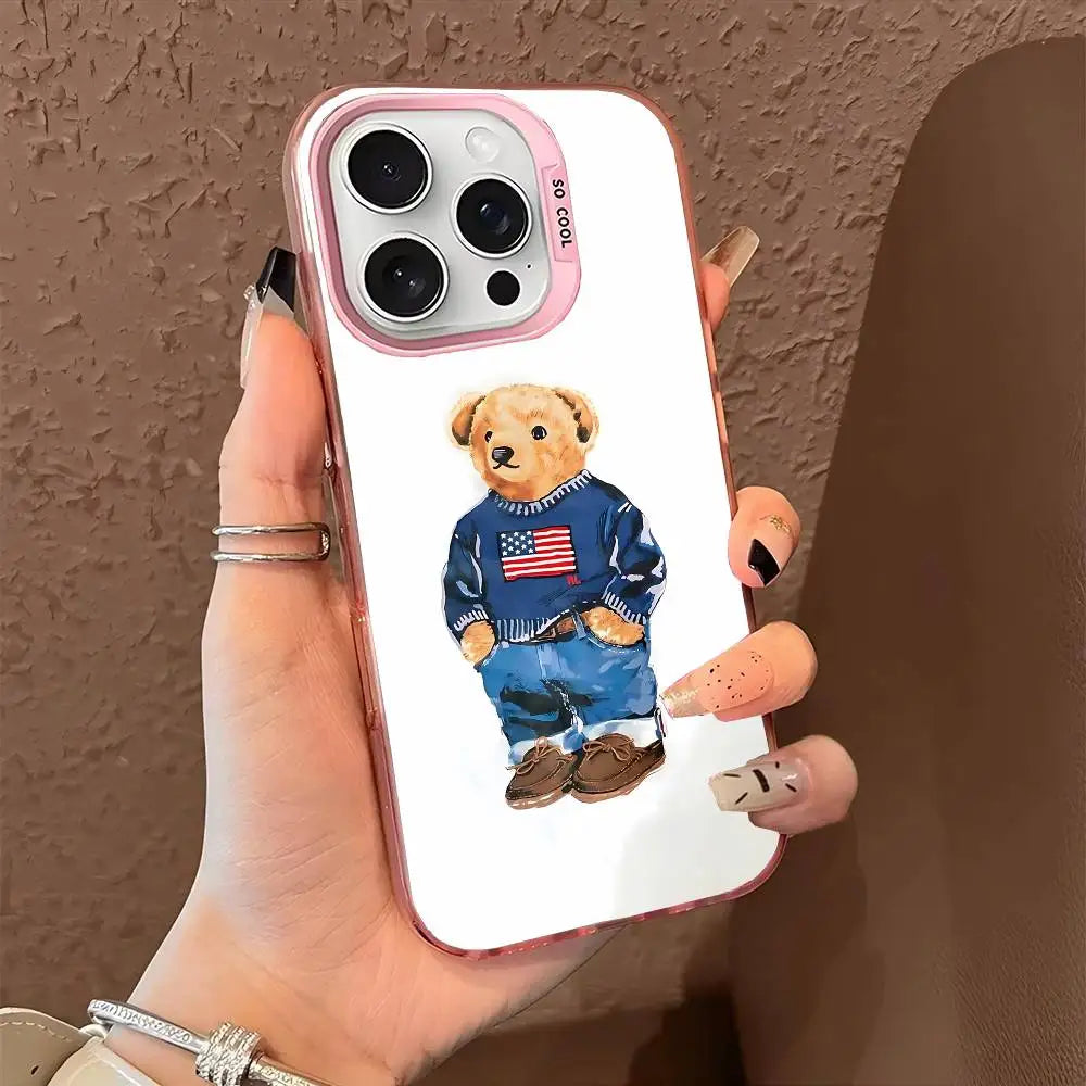 1PC Fashion Bear P-Polo Phone Case For IPhone 17 Air 16 15 14 13 12 11 Pro Max Plus Color Shockproof Back Silver Cove