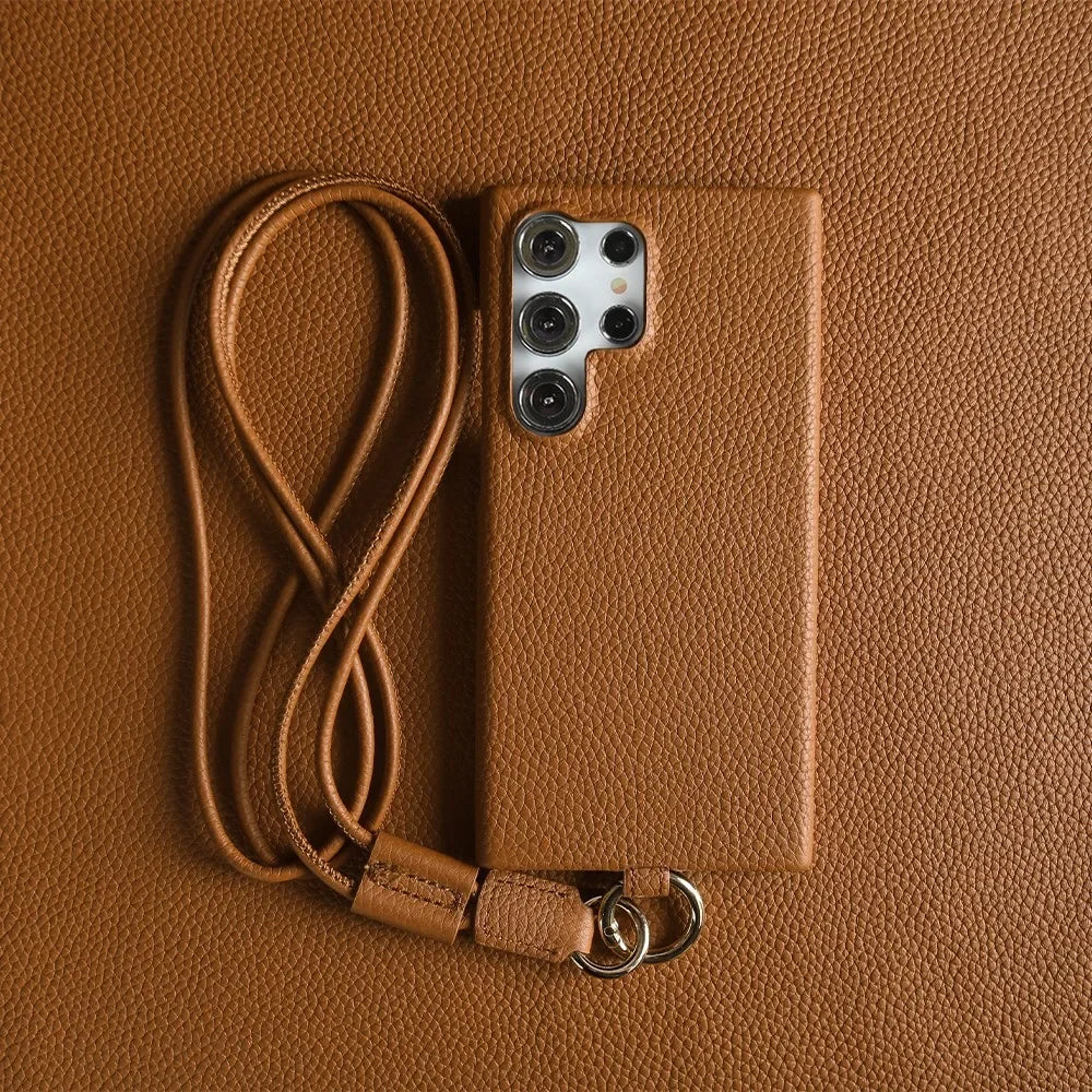 Luxury Cowhide Genuine Leather Case For Samsung Galaxy S26 Ultra S23 S22 S21 S26FE  Strap Crossbody Lanyard Phone Cover Coque