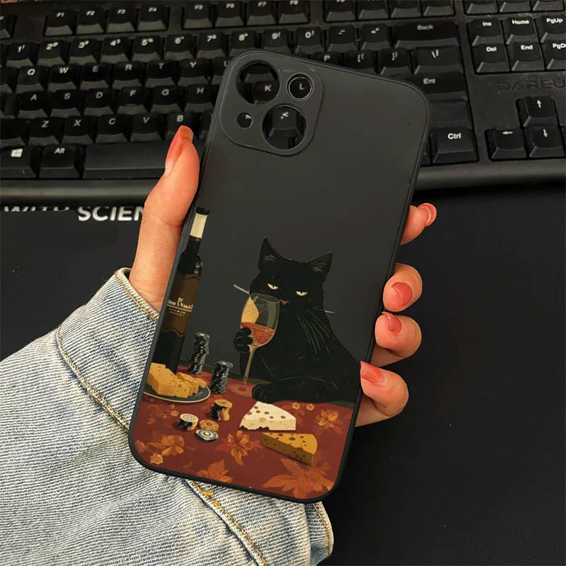 INS Cartoon Red Wine Black Cat Phone Case For Samsung Galaxy S23 S24 S25 Ultra S22 S21 S20 Plus FE A15 A35 A54 A55 A73 Cover