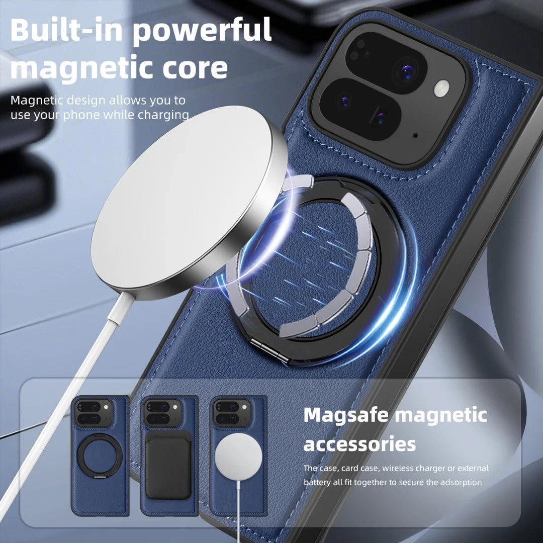Embossed PU Leather Case For Google Pixel 10 Pro Fold Magsafe 360° Rotation Metal Stand Comfort Grip Case Cover